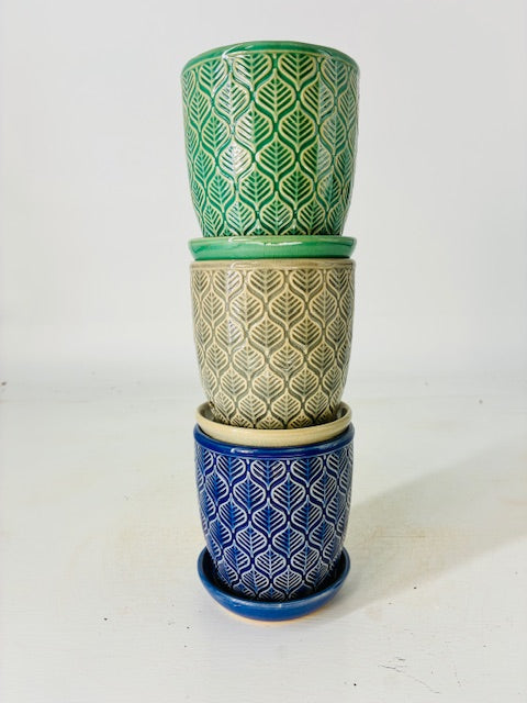 3 Piece Set - Catalpa Planter, 3" Pots (Green, Blue and Grey)