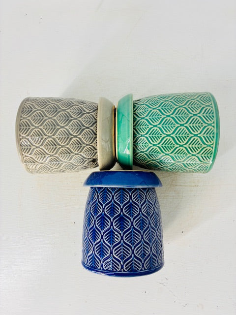 3 Piece Set - Catalpa Planter, 3" Pots (Green, Blue and Grey)
