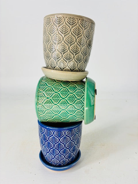 3 Piece Set - Catalpa Planter, 3" Pots (Green, Blue and Grey)