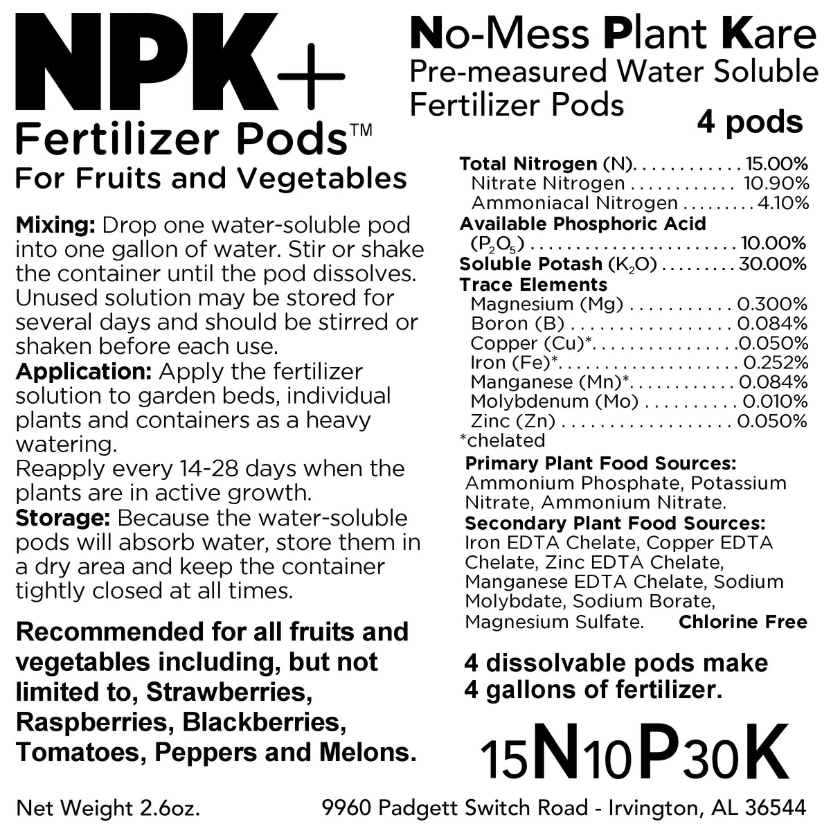 NPK+™ Fertilizer Pods for Fruits & Vegetables (15N-10P-30K)