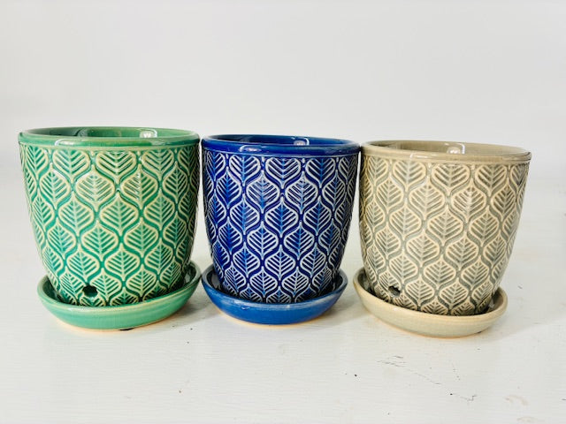 3 Piece Set - Catalpa Planter, 3" Pots (Green, Blue and Grey)